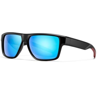 Imagem de SUNGAIT Óculos de sol esportivos quadrados polarizados para uso ao ar livre UV400, Armação preta (acabamento fosco)/lente azul