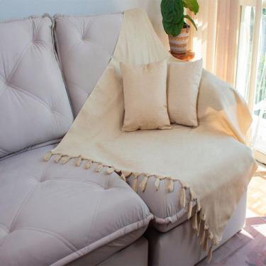 Imagem de Kit 1 Manta e 4 Capas de Almofada em Tecido Jacquard Falso Liso Bege -