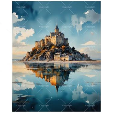 Imagem de Kit de pintura de paisagem de castelo por números para adultos - DIY Mont-Saint-Michel pintura reflexiva em tela 40,6 x 50,8 cm, conjunto de tinta acrílica, adequado para iniciantes, decoração de casa