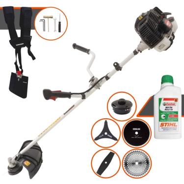 Imagem de Roçadeira Completa Kawashima KW52LE À Gasolina 52cc 2,5HP 10.000rpm Com Carretel Nylon + Lâminas Facão, 3 Pontas, 40 Dentes, 80 Dentes + ÓLEO STIHL