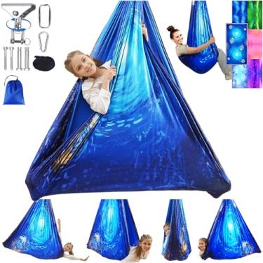 Imagem de Balanço sensorial para crianças e adultos, ambientes internos e externos, terapia de camada dupla, comporta até 136 kg, cadeira de rede ajustável com efeito de kit de cabide giratório de 360° para