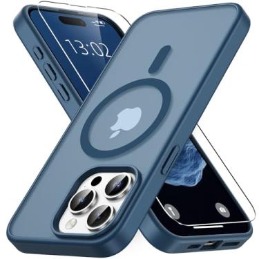 Imagem de Vansdon Capa para iPhone 15 Pro Max, compatível com MagSafe, capa protetora fina fosca translúcida magnética com 1 protetor de tela - proteção contra quedas de grau militar (azul)