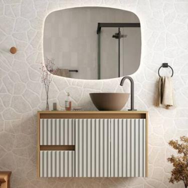 Imagem de Conjunto Gabinete Banheiro Ripado Espelho e Cuba Suspenso - Rainha dos