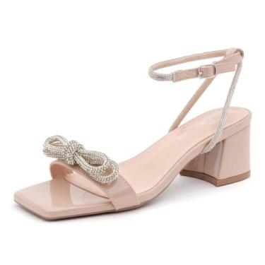 Imagem de Shoe Land Salto baixo feminino – bico quadrado aberto tira no tornozelo salto grosso | Sandálias sociais com laço duplo para casamento, noiva e festa, 2910nudesilver, 37