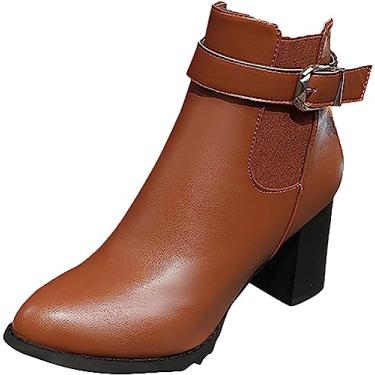 Imagem de Bota de cano curto feminina salto médio grosso sapato moderno com zíper lateral fivela botas de couro salto grosso empilhado, Marrom, 35 BR