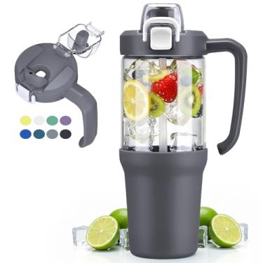 Imagem de HYDRAGLAZIC Copo de vidro de 946 ml com alça, canudo 2 em 1 e bico de gole, à prova de vazamento, garrafa de água de vidro sem BPA para esportes, escritório, escola, cinza