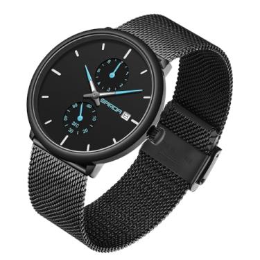 Imagem de MASTOP Relógio de pulso masculino ultrafino, minimalista, à prova d'água, moderno, moderno, vestido unissex com pulseira de couro, Preto, azul, Relógio masculino de quartzo com mostrador luminoso