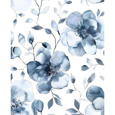 Imagem de Papel de parede floral azul branco aquarela vintage boho colorido autoadesivo para banheiro quarto armário vinil impermeável removível fazenda dormitório amigável 44,5 cm x 299,7 cm
