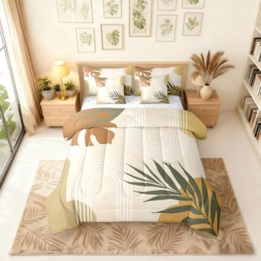 Imagem de Erosebridal Conjunto de cama queen boêmio verde bege, 7 peças, abstrato de meados do século, conjunto de edredom simples com lençóis, moderno, minimalista, arco, geométrico, folha de palmeira, cama
