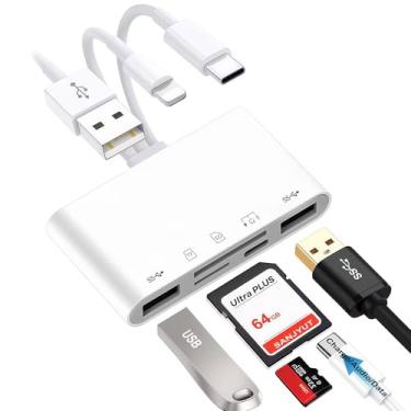 Imagem de Leitor de cartão de memória 5 em 1 universal para iPhone/iPad com conector USB/Lightning/USB C e slots de cartão SD/TF Adaptadores USB OTG suporta cartões de memória SD/Micro SD/SDHC/SDXC/MMC Plug and