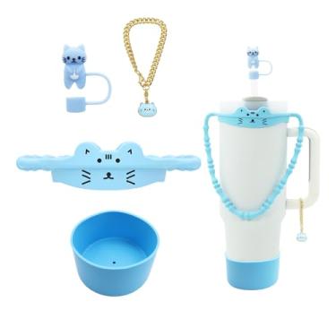 Imagem de Conjunto de 4 peças de acessórios para copo Stanley Cup 850 g e copo de 1,134 g com alça, incluindo alça de silicone para garrafa de água, tampa de palha de animal fofo, bota inferior, pingentes