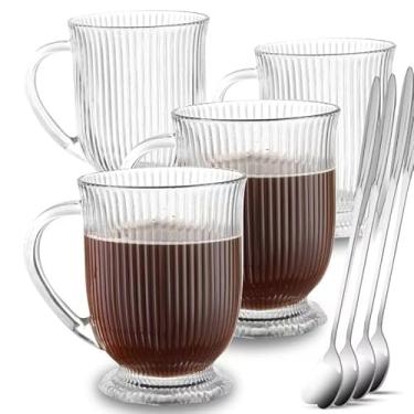 Imagem de NBABSR Conjunto de 4 canecas de café de vidro canelado com colher, xícaras de chá grandes de vidro transparente de 473 ml com alça e base com pé para bebidas quentes, xícaras de cappuccino e café