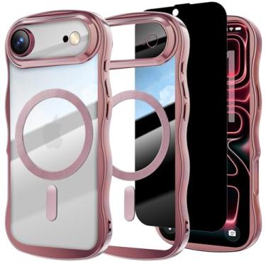 Imagem de Misscase Capa para iPhone Air com protetor de tela de privacidade, compatível com MagSafe, linda moldura ondulada antiarranhões com protetor de lente de câmera, capa brilhante para iPhone 17 Air Pink