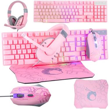 Imagem de Fone de ouvido rosa para teclado e mouse com fone de ouvido e mouse pad, conjunto com luz de fundo RGB LED com fio acessórios rosa PC para jogadores e Xbox e PS4 PS5 usuários Nintendo Switch - Edição 4 em 1 Hornet RX-250