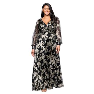 Imagem de Betsy & Adam Vestido feminino de malha metálica gola V franzido manga longa comprimento até o chão (Plus), Preto/dourado, 48