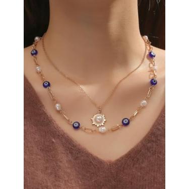 Imagem de Colar feminino de dupla camada com pérola falsa, olho turco, gargantilha em camadas, pingente de sol, presente individual diferenciado