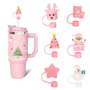 Imagem de LmashRbaiw Toppers de palha de Natal rosa, acessórios para copos Stanley, enchimento de meia para mulheres, bonés de silicone fofos de Papai Noel reutilizáveis de 10 mm para canudos, presentes de