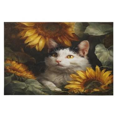 Imagem de Tapete de área 60 x 90 cm macio lavável tapete antiderrapante com suporte de borracha gato girassóis tapetes de área para sala de estar, quarto, decoração de casa
