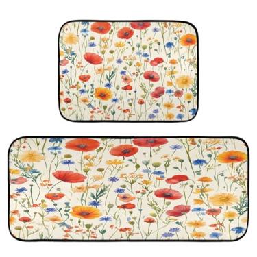 Imagem de Qilmy Tapetes de cozinha vintage lindas flores silvestres 2 peças, tapete de entrada frontal, antiderrapante, alivia a fadiga, lavável, tapete para cozinha, quarto, varanda584