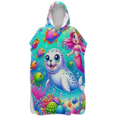 Imagem de Joisal Poncho de surfe trocador de roupão para banho de praia Adul toalhas com capuz de secagem rápida ponchos adultos para mulheres bonito desenho animado selo sereia peixe