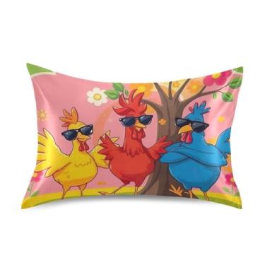 Imagem de Fronhas de cetim para arrefecimento de cabelo, arte fofa, King, Queen, fronha padrão, fronha de cama macia, tamanho Queen, 76,2 x 50,8 cm, desenho animado colorido de galinha floral