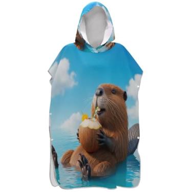 Imagem de Joisal Poncho de surfe para adulto trocador de roupa de praia com capuz toalha de banho leve masculino feminino poncho com capuz castor fofo engraçado
