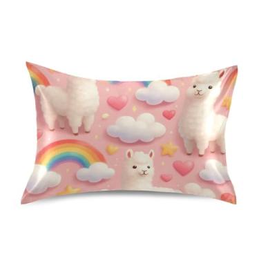 Imagem de Lindas fronhas Lhamas arco-íris nuvem rosa cetim para resfriamento de cabelo padrão queen king size almofadas cores decoração de quarto estética tamanho queen 76.2 cm x 50.8 cm