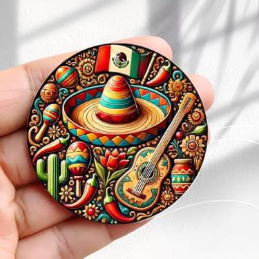 Imagem de Ímã de geladeira vintage design de composição de símbolos culturais mexicanos - adesivo de geladeira redondo acrílico de 5,8 cm, presente de decoração retrô, tamanho perfeito para geladeira, armário