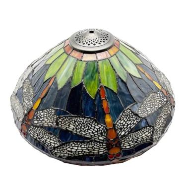 Imagem de Cúpula de abajur Tiffany grande, estilo libélula, em vitral, 40,6 cm de largura x 20,3 cm de altura, para luminárias de mesa, pendentes e de chão, na cor verde.