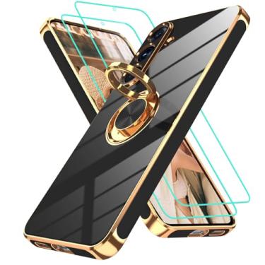 Imagem de Gritup Capa para Samsung Galaxy S25 FE | 2 peças protetoras de tela | Suporte magnético de rotação de 360°, capa protetora à prova de choque de TPU macio com borda dourada banhada a ouro para S25 FE
