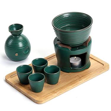 Imagem de Conjunto de saquê de cerâmica, conjunto de saquê e copos com aquecedor, kit de bebida tradicional de porcelana saki quente, 8 peças incluem 1 fogão, 1 tigela de aquecimento, 1 saquê, garrafa 4 xícaras