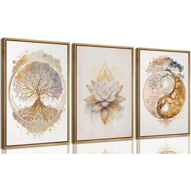Imagem de Arte de parede emoldurada árvore da vida 3 peças arte de parede ouro lótus zen pintura de parede abstrato Yin Yang arte impressa para sala de estar, sala de ioga, hotel, quarto, decoração de casa, cor