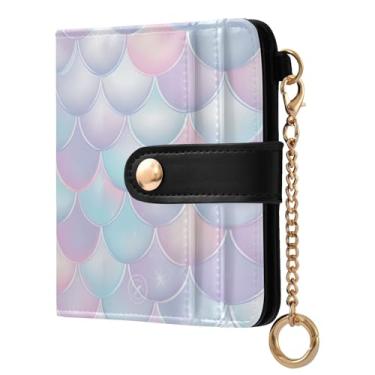 Imagem de STAYTOP Linda carteira feminina colorida com escamas de sereia com bloqueio de RFID, de couro macio, dobrável e compacta, porta-cartões com zíper, bolso para moedas, janela para identidade