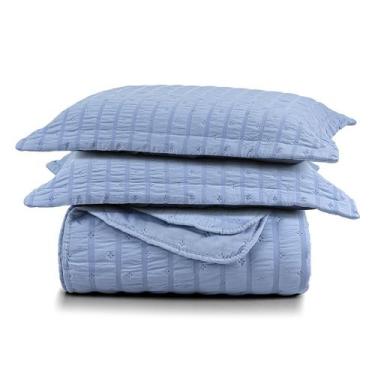 Imagem de Kit Colcha Cobre Leito Plissê Casal Seersucker Premium 3 Peças Maciez 