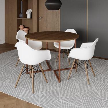 Imagem de Mesa Jantar Industrial Amêndoa 110Cm Redonda Base V Cobre C/4 Poltronas Brancas Madeira Amendoa