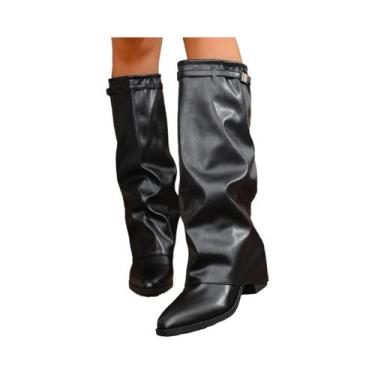 Imagem de Botas Femininas De Couro Cano Alto Com Salto Alto E Bico Fino Para Out