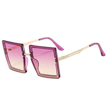 Imagem de Óculos de sol de metal quadrado espelho plano feminino rosto redondo feminino óculos de sol vintage de armação grande, amarelo roxo, um