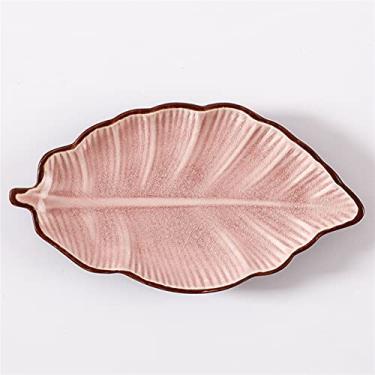 Imagem de GUIPAIHAI Prato de pratos de cerâmica em forma de folha, prato de jantar, molho picante, prato de bolo, sobremesa (cor: rosa, tamanho do prato: 17,5 x 9,5 x 2 cm)