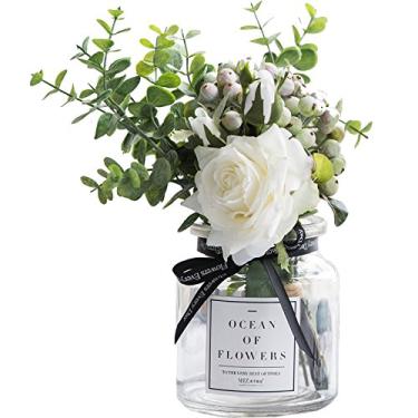 Imagem de Vaso estilo Ins com conjunto de flores artificiais, 1 peça de rosa falsa, flor floral, arranjo de flores rosa (branco P)