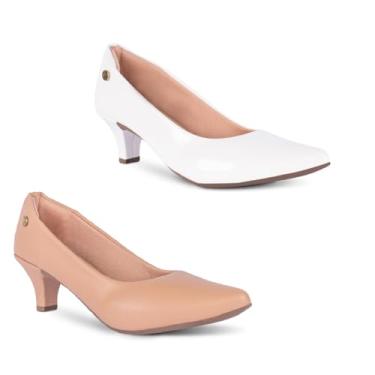 Imagem de Kit 2 Sapato Scarpin Feminino Sintético Salto Baixo Fino Confortável R2.29 (Nude/Branco, BR, Adulto, Numérico, M, 40)