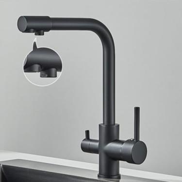 Imagem de Torneira de água pura cromada, rotação 360, multifuncional, filtro de cozinha, purificação, alça dupla, torneiras misturadoras frias, preto fosco