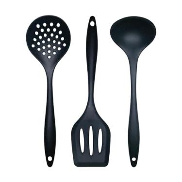Imagem de Kit Concha Escumadeira e Espátula de Silicone, 3 Peças, Preto