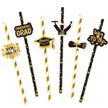 Imagem de Whaline 60 Pçs Canudos de papel de graduação 2024 preto dourado boné de formatura diploma canudos descartáveis folha de ouro listra estrela para decoração de graduação bebida coquetel material de