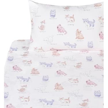 Imagem de J pinno Jogo de lençol completo de gatinho rosa fofo para decoração de quarto de meninas, crianças, 100% algodão, lençol de cima + lençol com elástico + fronha (gatinho rosa, casal)