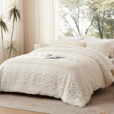 Imagem de Luxudecor Conjunto de edredom boêmio Queen Size com 3 peças, branco marfim, chique, bordado, casa de fazenda, macio, para todas as estações (branco marfim, 224 x 233 cm)