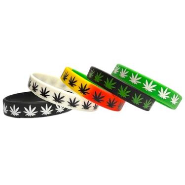 Imagem de Malayan Products Pulseiras de folha de erva daninha 5 unidades 420 silicone cânhamo lembrancinha de festa, 8 inch, Silicone, Sem Pedra Preciosa