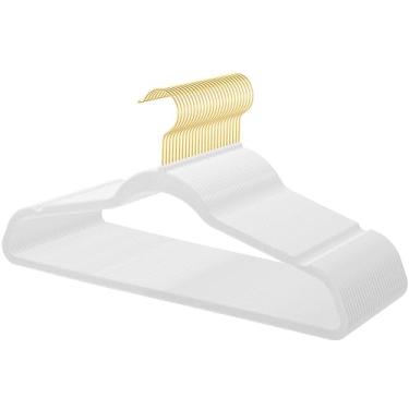 Imagem de TIMMY Pacote com 36 cabides de veludo com ganchos dourados – Cabides resistentes antiderrapantes para casacos, ternos, vestidos e suéteres – Design fino (branco + dourado) (branco + ouro, 43 a 36