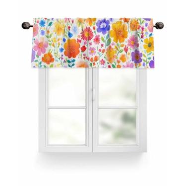 Imagem de Cortina de flores em aquarela para janelas/sala de estar/cozinha/banheiro/café, cortina curta com bolso para varão painel de tratamento de janela, roxo, amarelo, laranja, folhas florais 152 x 45 cm