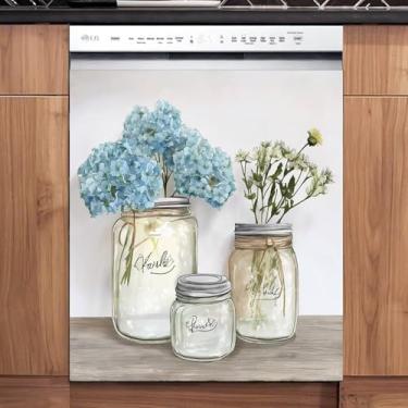 Imagem de Frasco de pedreiro flor cozinha ímã de máquina de lavar louça adesivo de capa decorativa, combinação de flores do país decalque magnético capa frontal de geladeira, decoração floral de