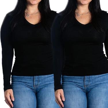 Imagem de Kit 2 blusas feminina manga comprida segunda pele inverno gola v - Mar